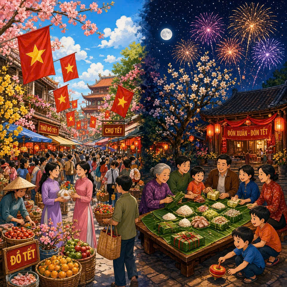 Tranh minh họa Tết Việt Nam: chợ Tết, hoa mai hoa đào, cờ đỏ sao vàng, pháo hoa và gia đình gói bánh chưng